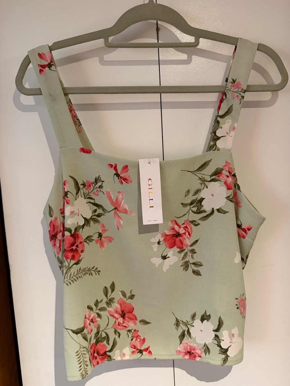 Gilli Sage Garden Floral Crop Sleeveless Square Neck Top - Size Large